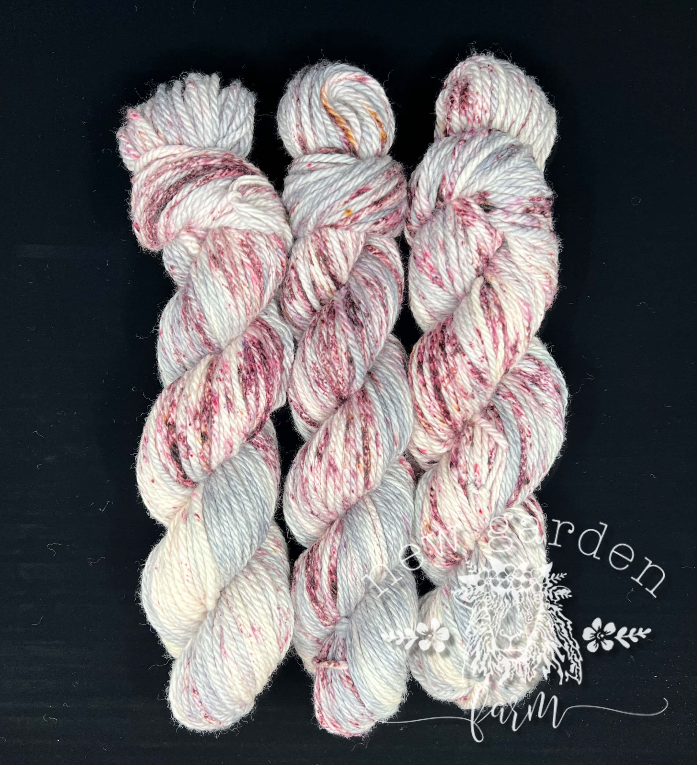 winter white, speckles of berry and grey hand dyed yarn