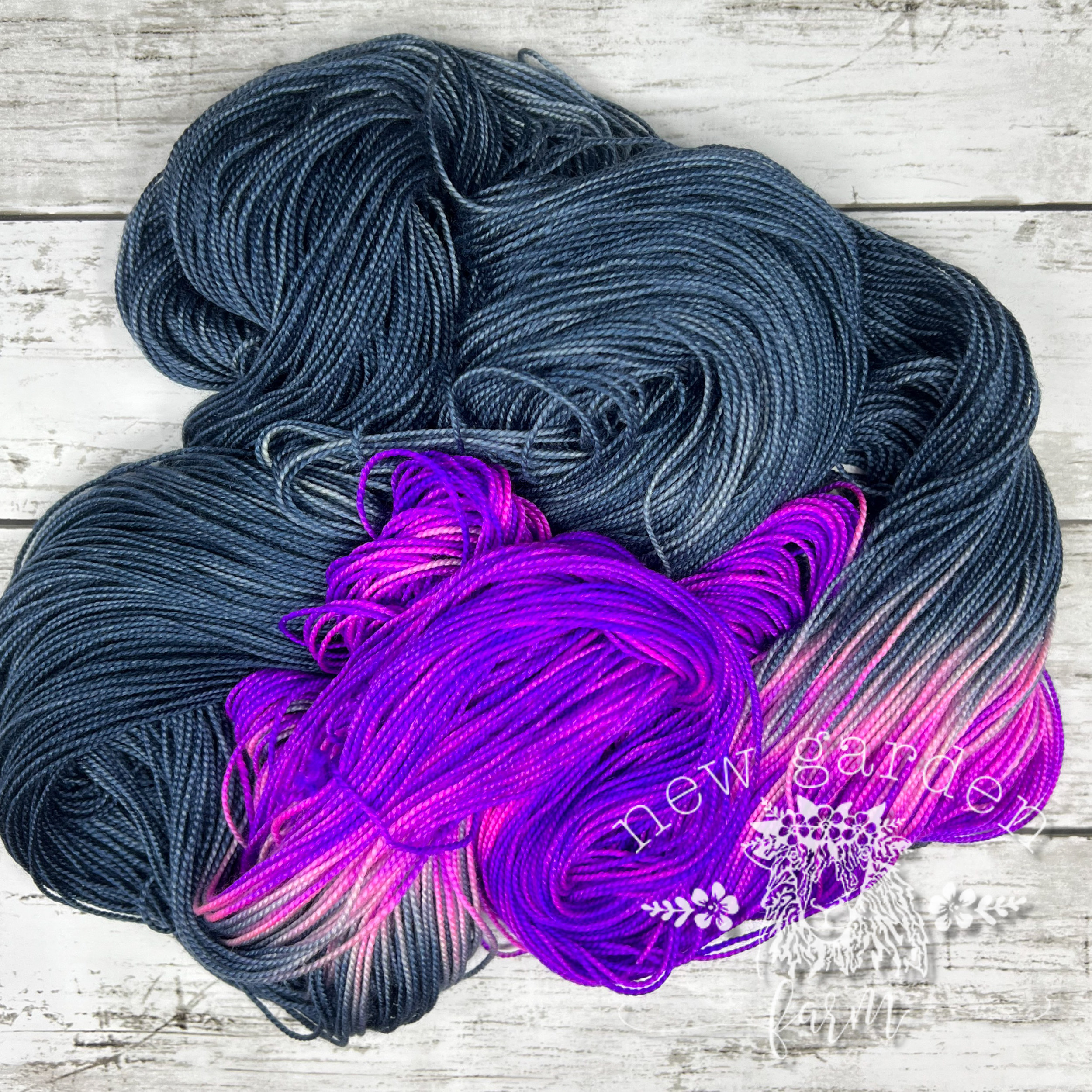 denim blue and iris purple hand dyed yarn on a wool/silk base