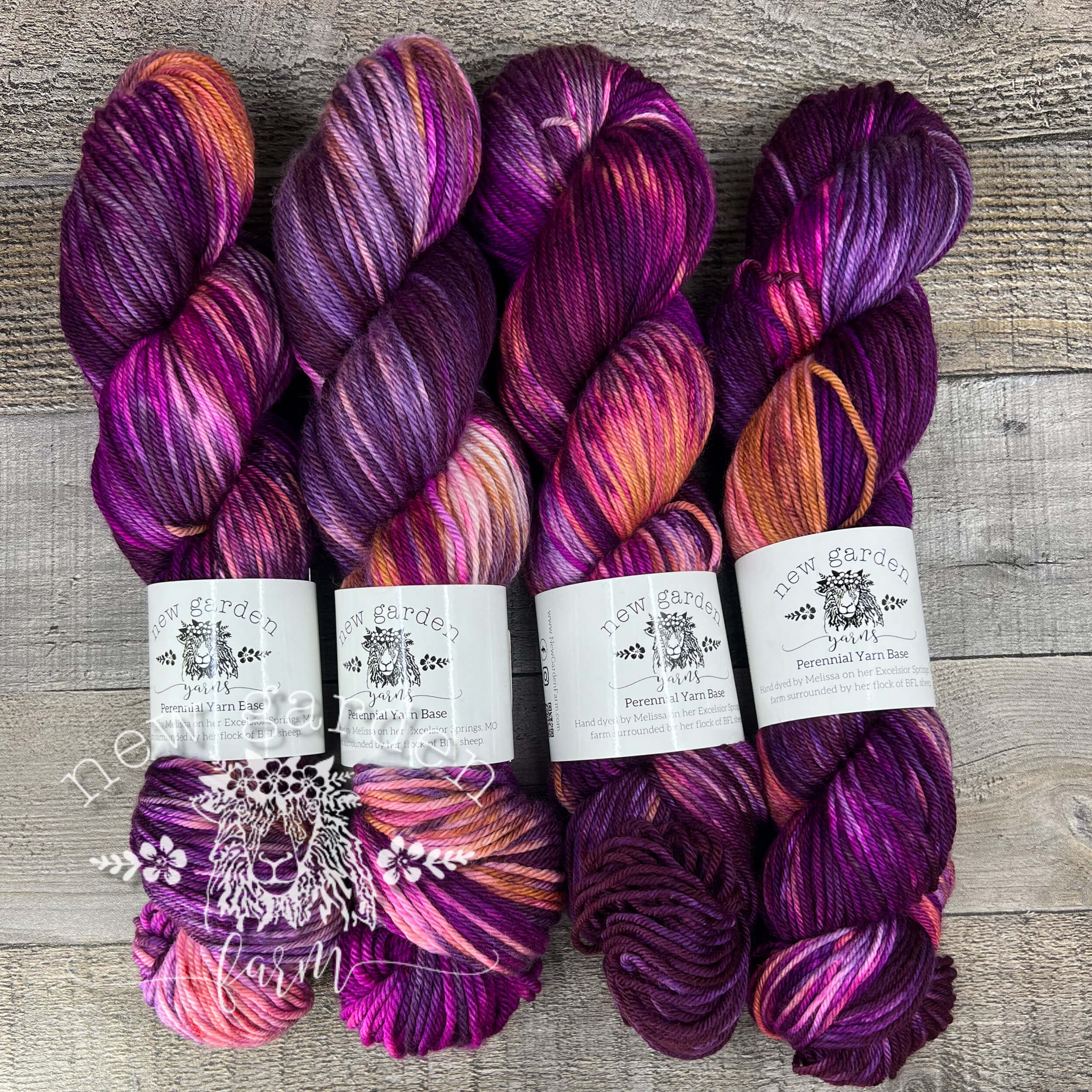 bright pink, purple and coral hand dyed yarn